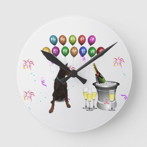 Doberman Pinscher wishing Happy New Year 2016 Round Clock