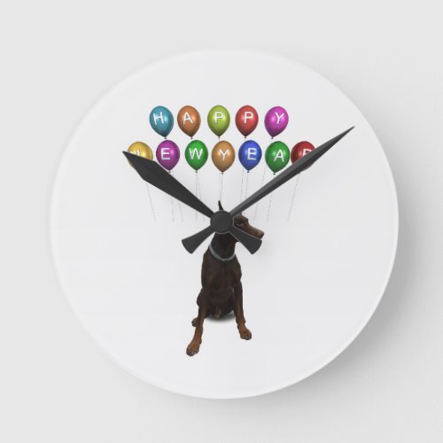 Doberman Pinscher wishing Happy New Year 2016 Round Clock