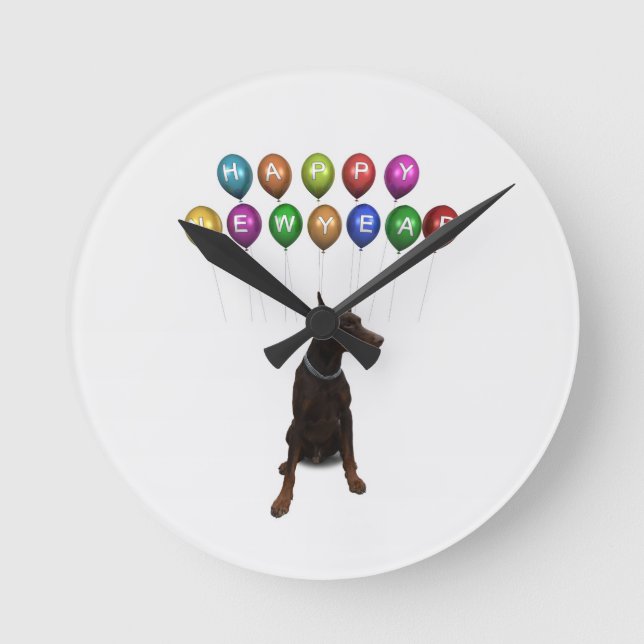 Doberman Pinscher wishing Happy New Year 2016 Round Clock (Front)