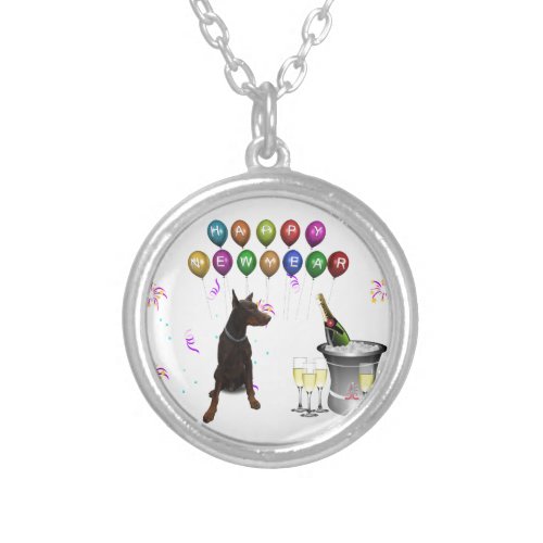 Doberman Pinscher wishing Happy New Year 2016 Silver Plated Necklace