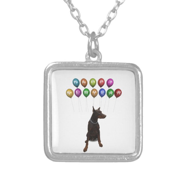 Doberman Pinscher wishing Happy New Year 2016 Silver Plated Necklace (Front)