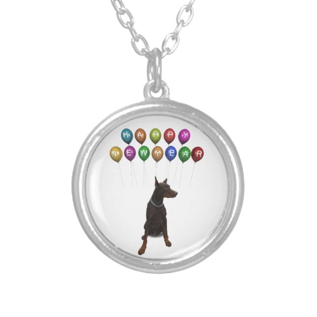 Doberman Pinscher wishing Happy New Year 2016 Silver Plated Necklace (Front)