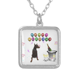 Doberman Pinscher wishing Happy New Year 2016 Silver Plated Necklace