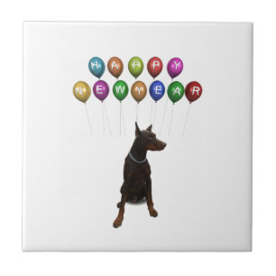 Doberman Pinscher wishing Happy New Year 2016 Tile