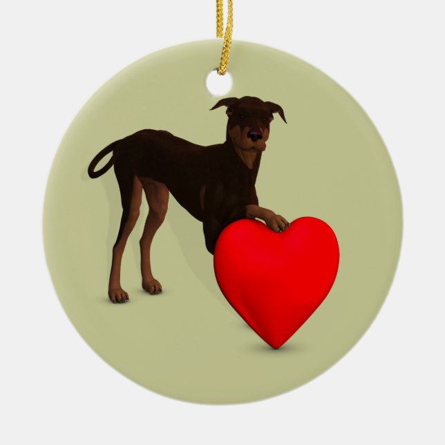 Doberman Pinscher With Heart Ceramic Ornament (Front)