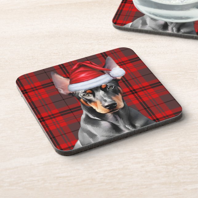 Doberman Pinscher with Seasonal Red Holiday Plaid Beverage Coaster (Left Side)
