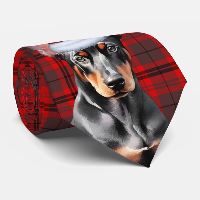 Doberman Pinshce Dog Lover Holiday Plaid Christmas Neck Tie (Rolled)