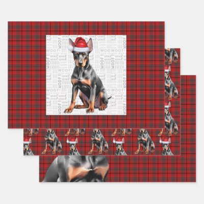 Doberman Pinshcer Christmas Dog and Red Plaid Wrapping Paper Sheets