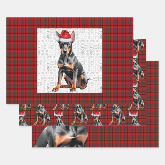 Doberman Pinshcer Christmas Dog and Red Plaid Wrapping Paper Sheets (Set)