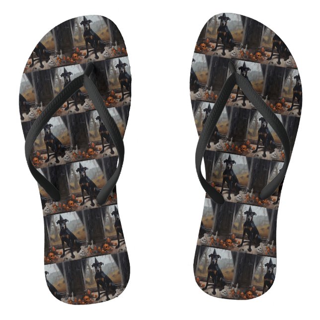 Doberman Pumpkins Halloween Scary Flip Flops (Footbed)