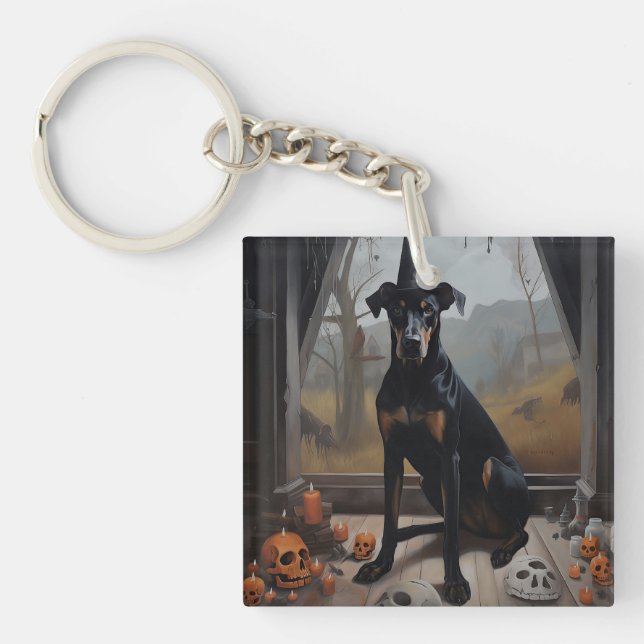 Doberman Pumpkins Halloween Scary Keychain (Front)