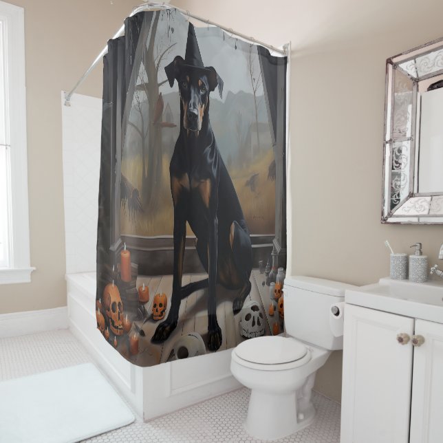 Doberman Pumpkins Halloween Scary Shower Curtain (In Situ)
