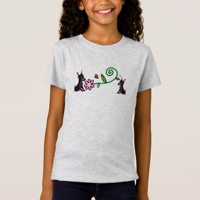 Doberman puppies and flowers girl's  T-Shirt (Front)