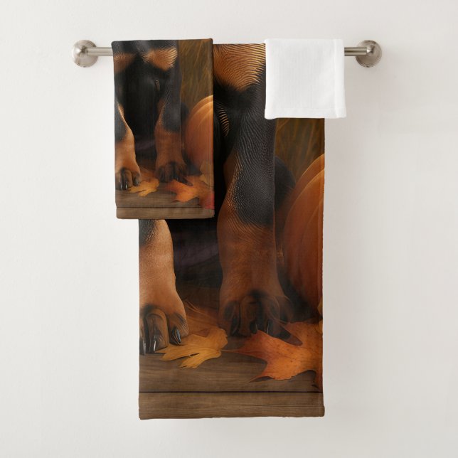 Doberman Puppy Autumn Delight Pumpkin  Bath Towel Set (Insitu)