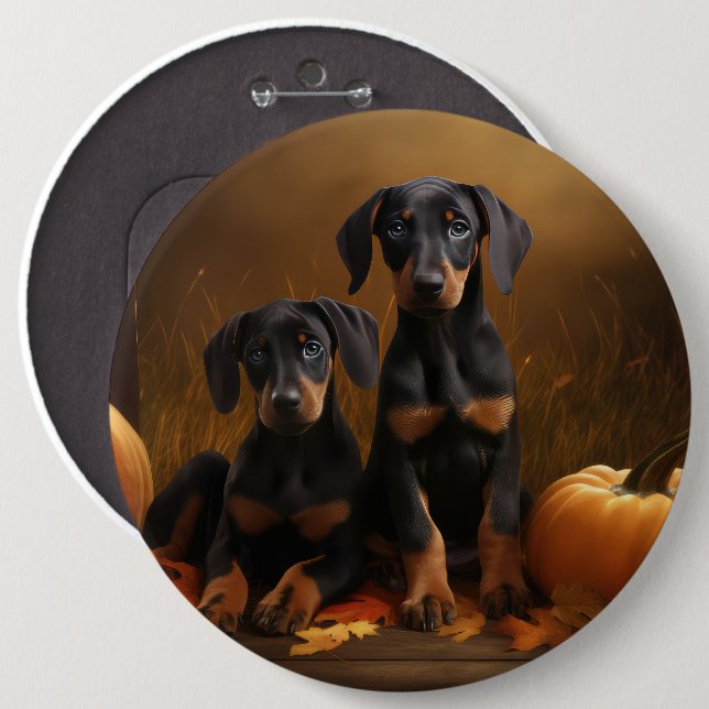 Doberman Puppy Autumn Delight Pumpkin  Button (Front & Back)