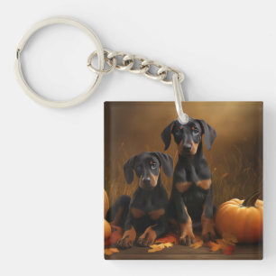 Doberman Puppy Autumn Delight Pumpkin Keychain