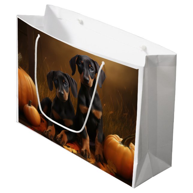 Doberman Puppy Autumn Delight Pumpkin  Large Gift Bag (Front Angled)