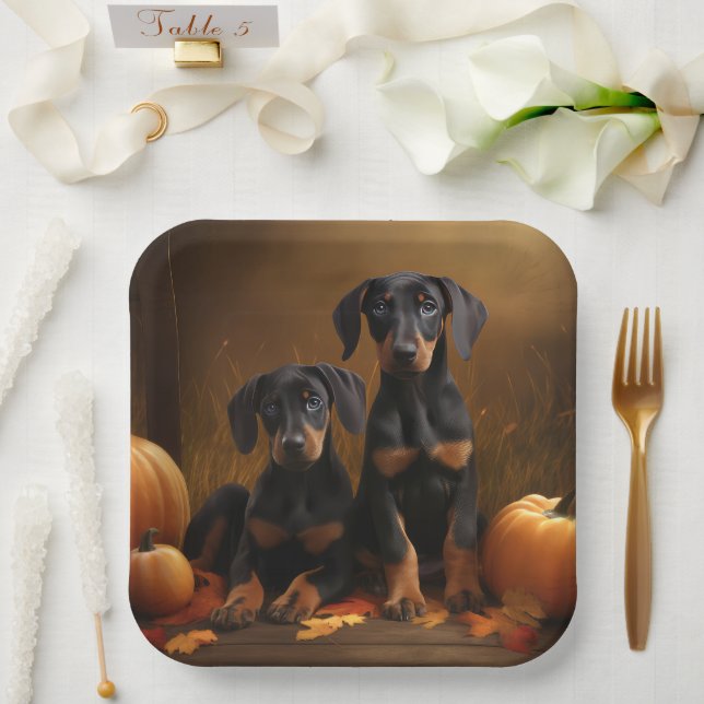 Doberman Puppy Autumn Delight Pumpkin  Paper Plates (Wedding)