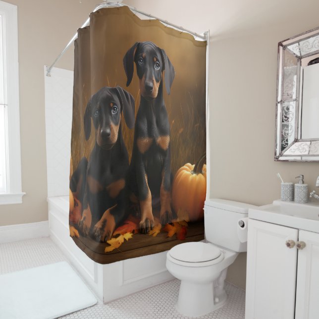 Doberman Puppy Autumn Delight Pumpkin  Shower Curtain (In Situ)
