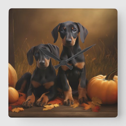 Doberman Puppy Autumn Delight Pumpkin  Square Wall Clock