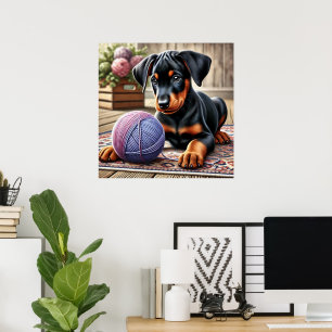 Doberman Puppy with Yarn Ball on a Colorful Rug Poster