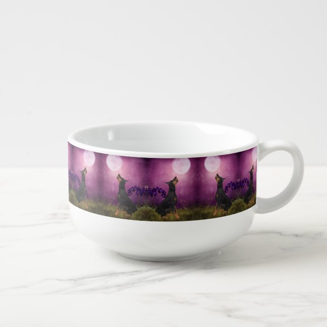 Doberman Purple Fantasy Orchids Dog Art Soup Mug (Left)