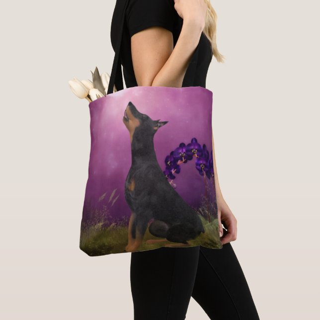 Doberman Purple Fantasy Orchids Dog Art  Tote Bag (Close Up)