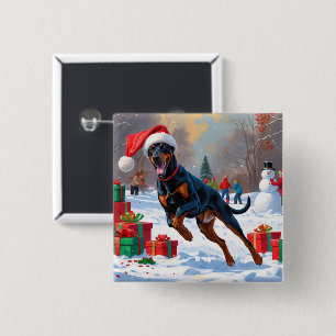Doberman Running in Snow with Christmas Hat Button