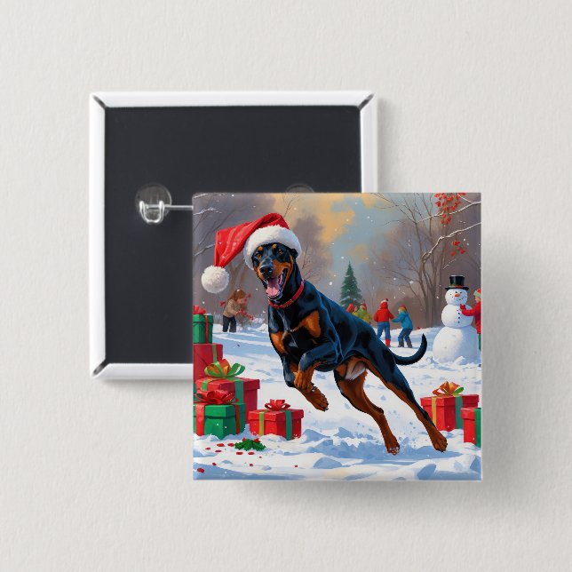 Doberman Running in Snow with Christmas Hat Button (Front & Back)