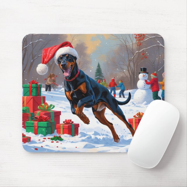 Doberman Running in Snow with Christmas Hat Mouse Pad (With Mouse)