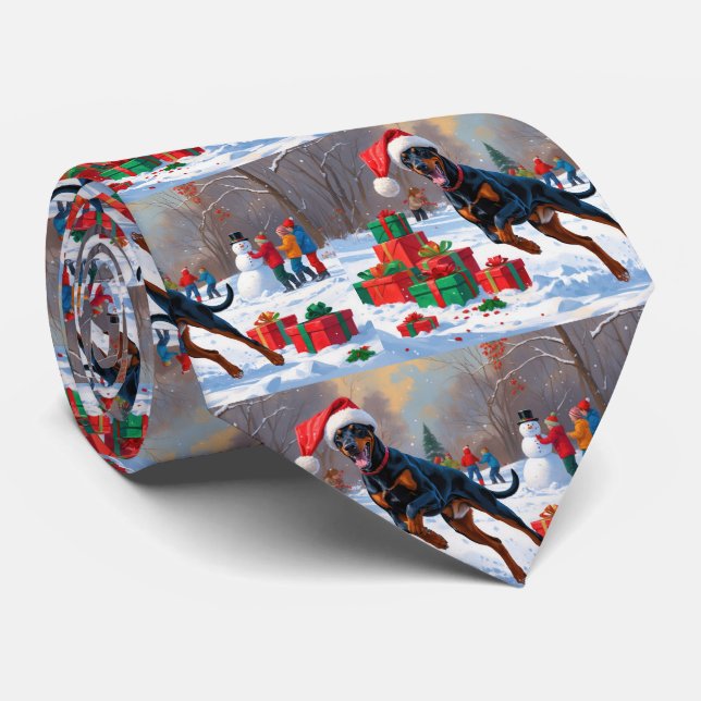 Doberman Running in Snow with Christmas Hat Neck Tie (Rolled)