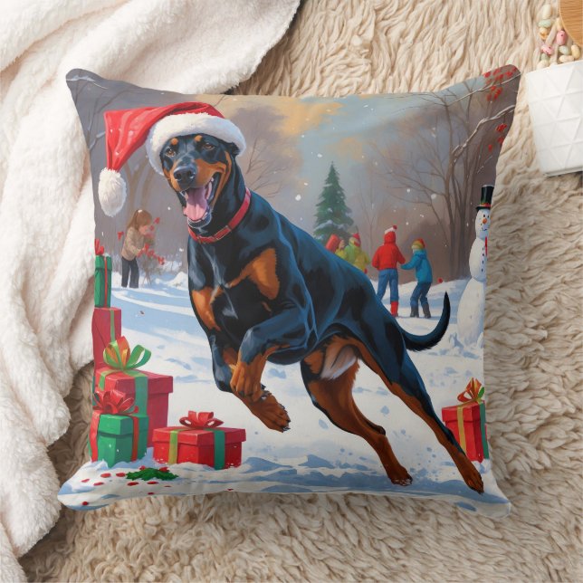 Doberman Running in Snow with Christmas Hat Throw Pillow (Blanket)