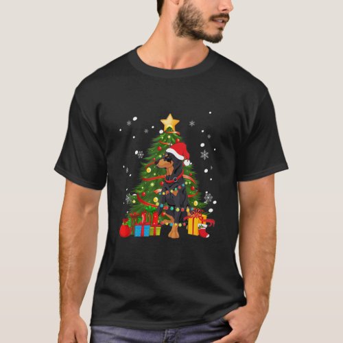 Doberman Santa Christmas Tree Light Pajama Dog Xma T_Shirt