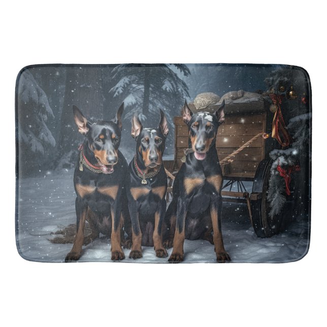 Doberman Snowy Sleigh Christmas Decor  Bath Mat (Front)