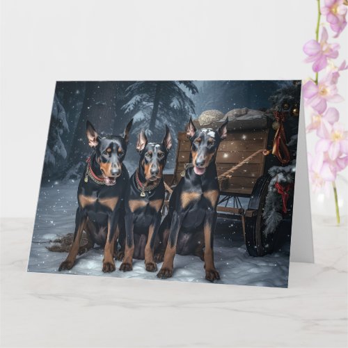 Doberman Snowy Sleigh Christmas Decor  Card