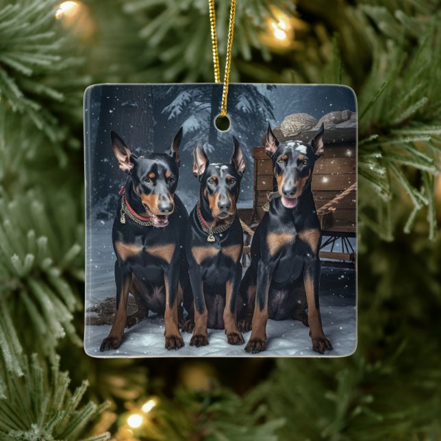 Doberman Snowy Sleigh Christmas Decor  Ceramic Ornament (Tree)