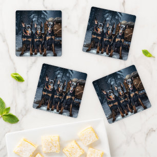 Doberman Snowy Sleigh Christmas Decor Coaster Set