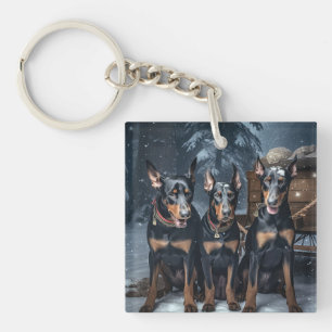 Doberman Snowy Sleigh Christmas Decor Keychain