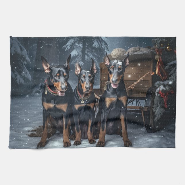 Doberman Snowy Sleigh Christmas Decor  Kitchen Towel (Horizontal)