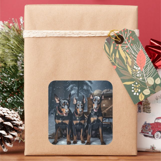 Doberman Snowy Sleigh Christmas Decor  Square Sticker (Holiday)