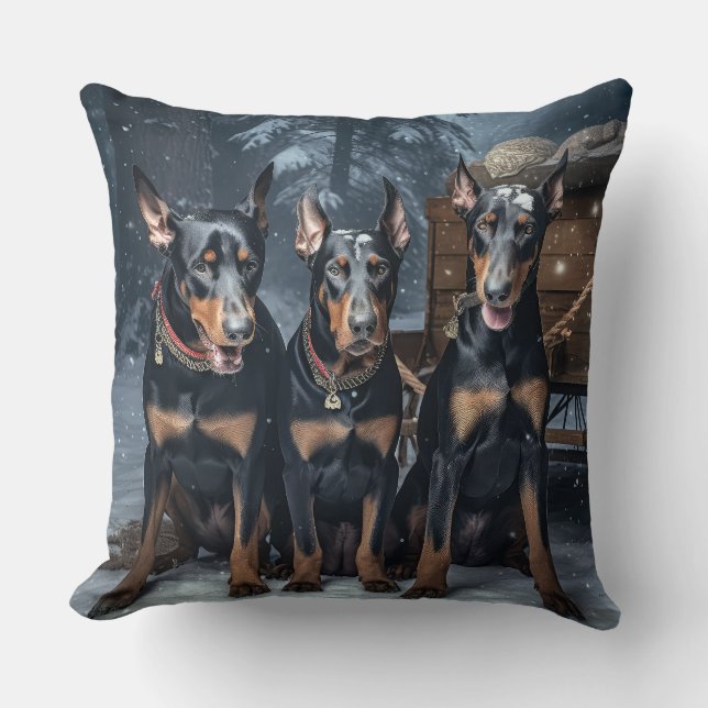Doberman Snowy Sleigh Christmas Decor  Throw Pillow (Front)
