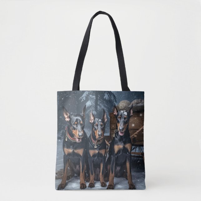 Doberman Snowy Sleigh Christmas Decor  Tote Bag (Front)