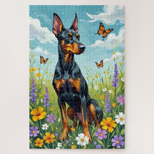 Doberman Spring Meadow Floral Dog Jigsaw Puzzle (Vertical)
