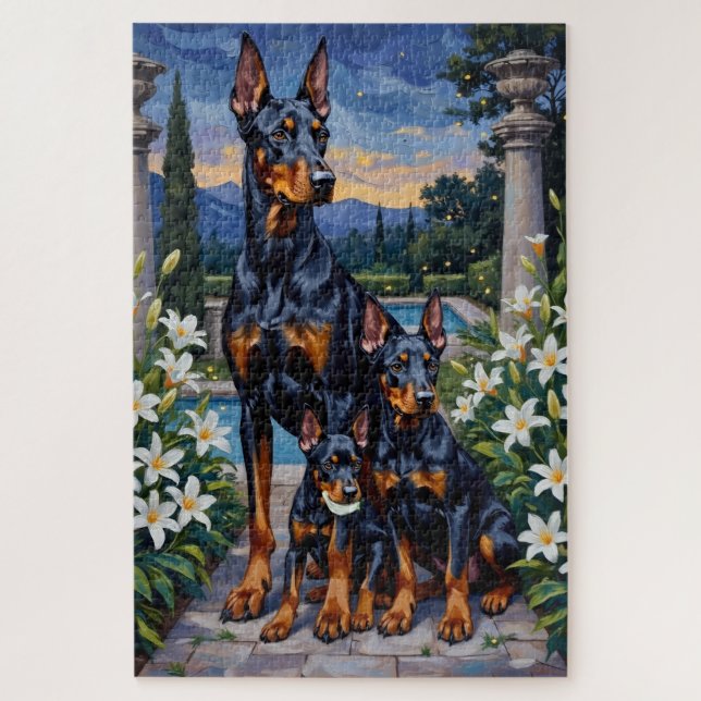 Doberman Twilight Lily Garden Art Jigsaw Puzzle (Vertical)