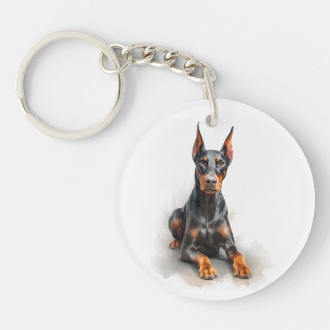 Doberman Watercolor Art Keychain (Front)
