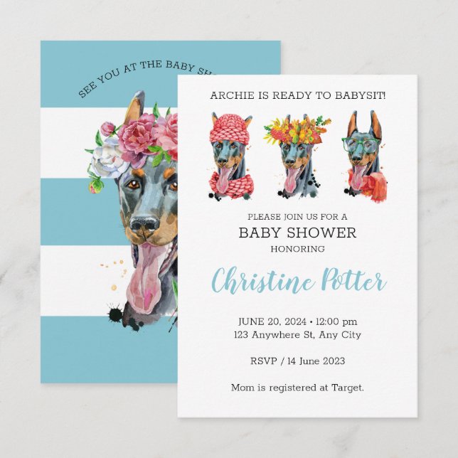 Doberman Watercolor Baby Shower Invitation (Front/Back)
