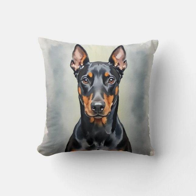 Doberman Watercolor Gradient Fade Art Throw Pillow (Front)