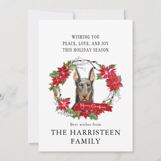 Doberman Watercolor Poinsettia Wreath Christmas Holiday Card (Front)