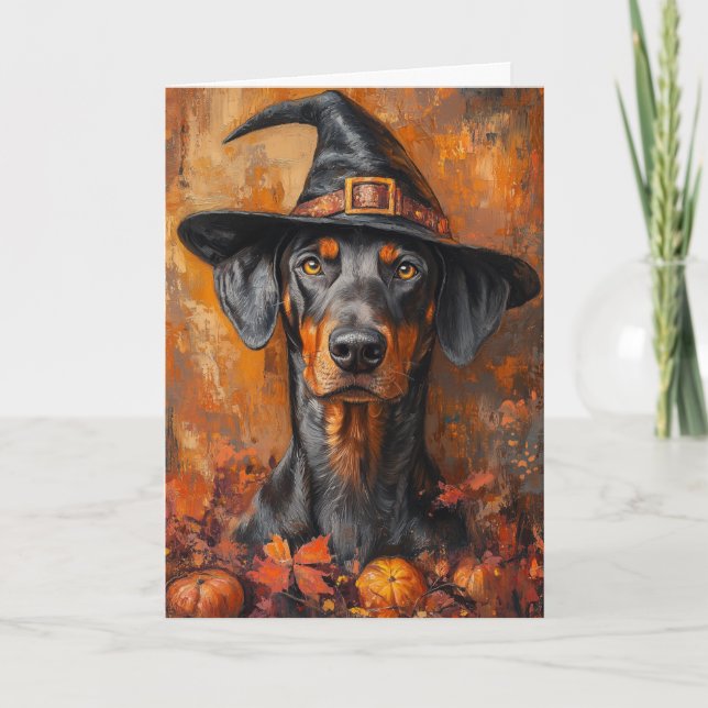 Doberman Witch Halloween Holiday Card (Front)