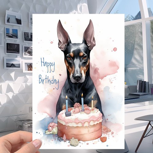 Doberman with Cake _ Dog Lovers Happy Birthday Card